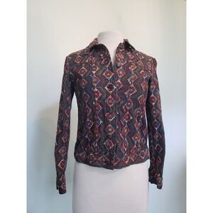 VTG Coldwater Creek Womens Petite PXS Embroidered Jean Jacket Southwestern Aztec